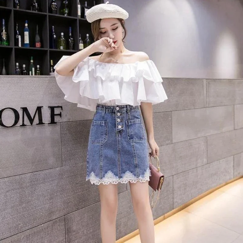 

Women's Denim Skirt Patchwork High Waist Modest Luxury Elegant Harajuku Y2k Vintage Korean Style Summer 2025 Female Jeans Skirts