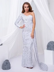 Romagic Shiny Sequin Wedding Party Prom Dress One Shoulder Full Sleeved Split Leg Padded Long Luxury Mermaid Evening Dresses