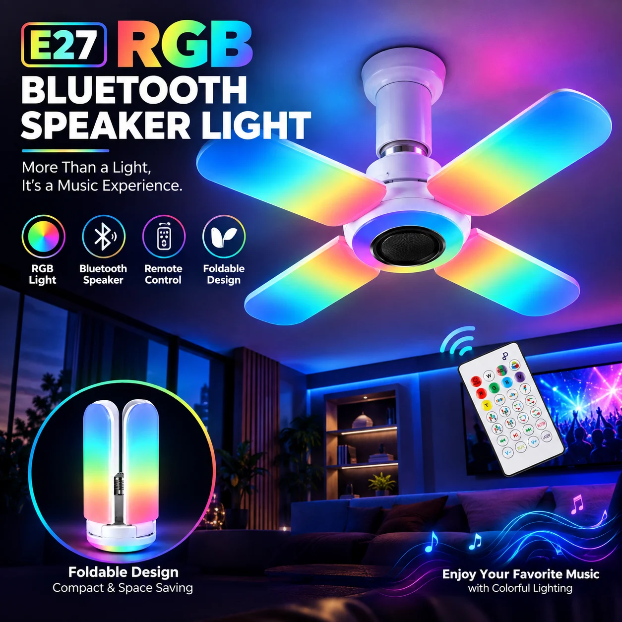 E27 RGB Bluetooth Speaker Light Foldable LED Ceiling Lamp White Light Remote Control Music Bulb for Bedroom Party Gaming