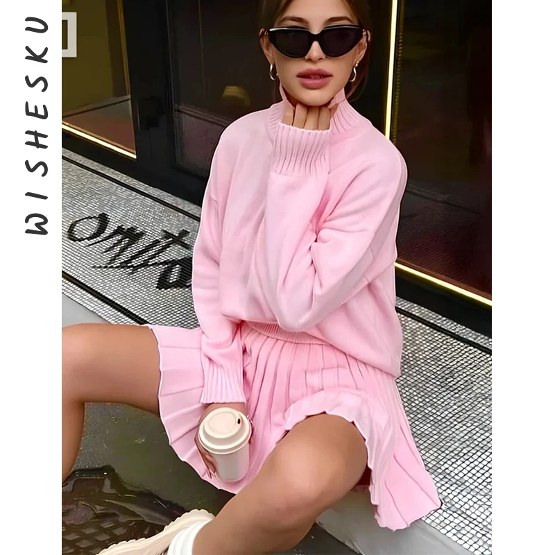 

Женский комплект из двух предметов, розовый свитер с воротником-стойкой и длинными рукавами + плиссированная мини-юбка с высокой талией, 2200, осень-зима, Лолита Kawaii