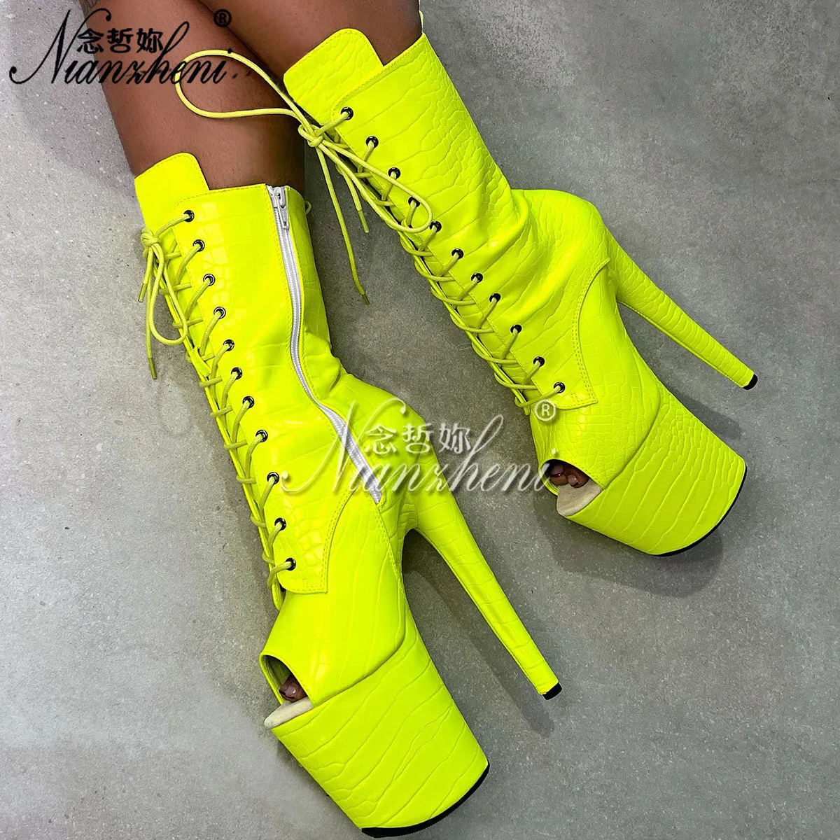 Punk Yellow Ankle Boots 20cm Open Toe 8Inch Plus Size Sexy Fetish Shoes High Heels Stripper Pole Dance Catwalk Models Nightclub