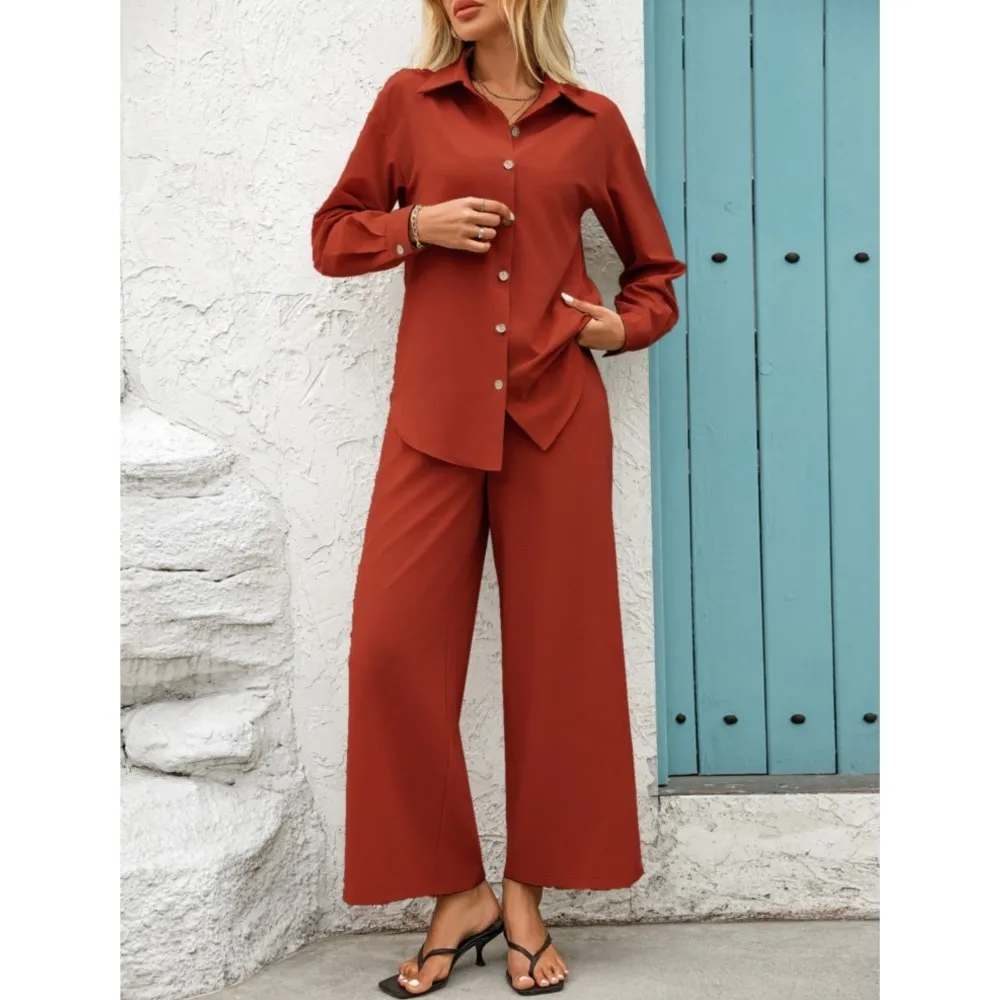 

Casual Lapel Shirt Long Sleeves Women's Two-piece Set Spring Summer New Fashion Elastic Waist Lace-up Long Pants Female Set 2025