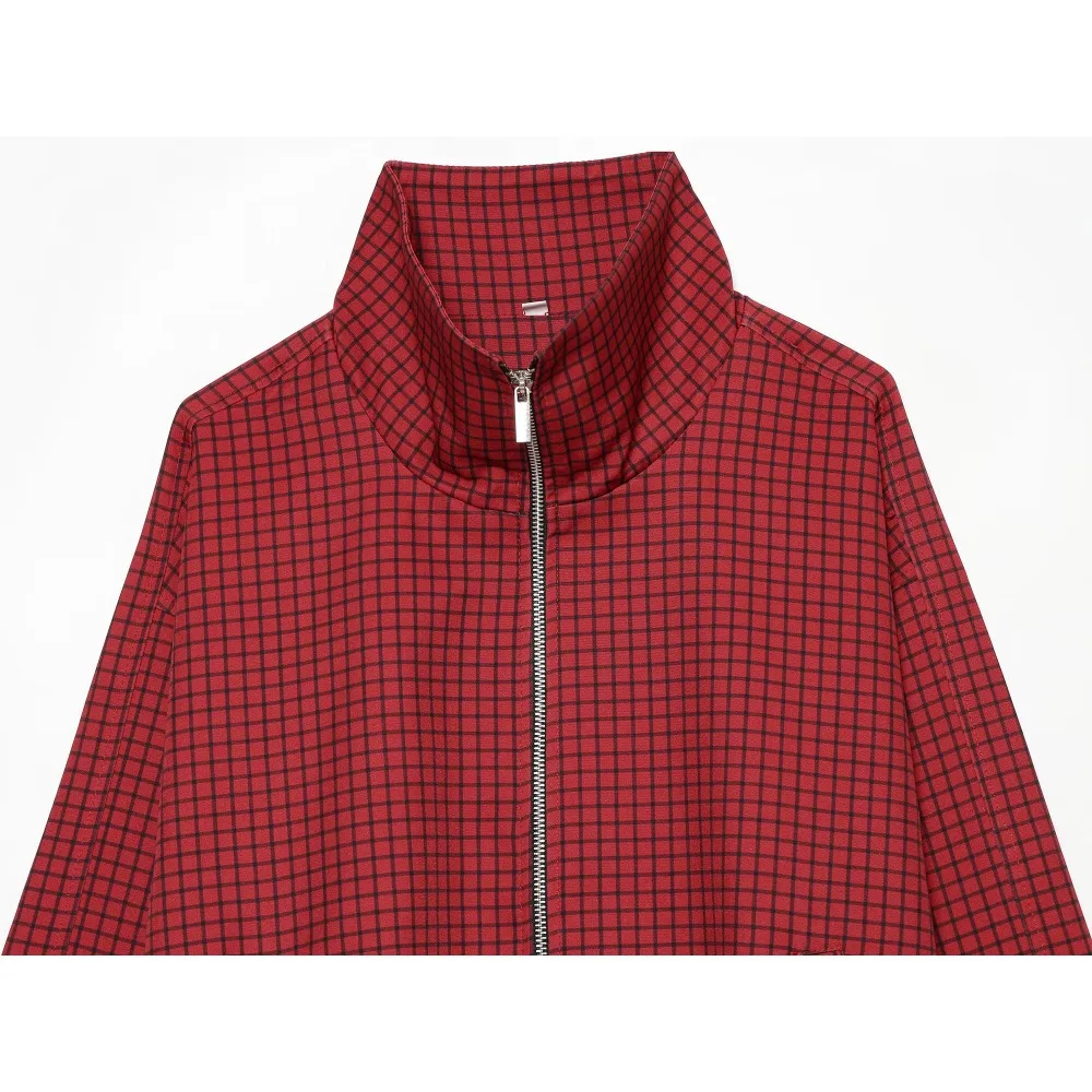 Women's Plaid Bomber Jacket Spring & Autumn Red Bomber-style Jacket with Pleated Hem High Collar and Long Sleeve Zippered Jacket
