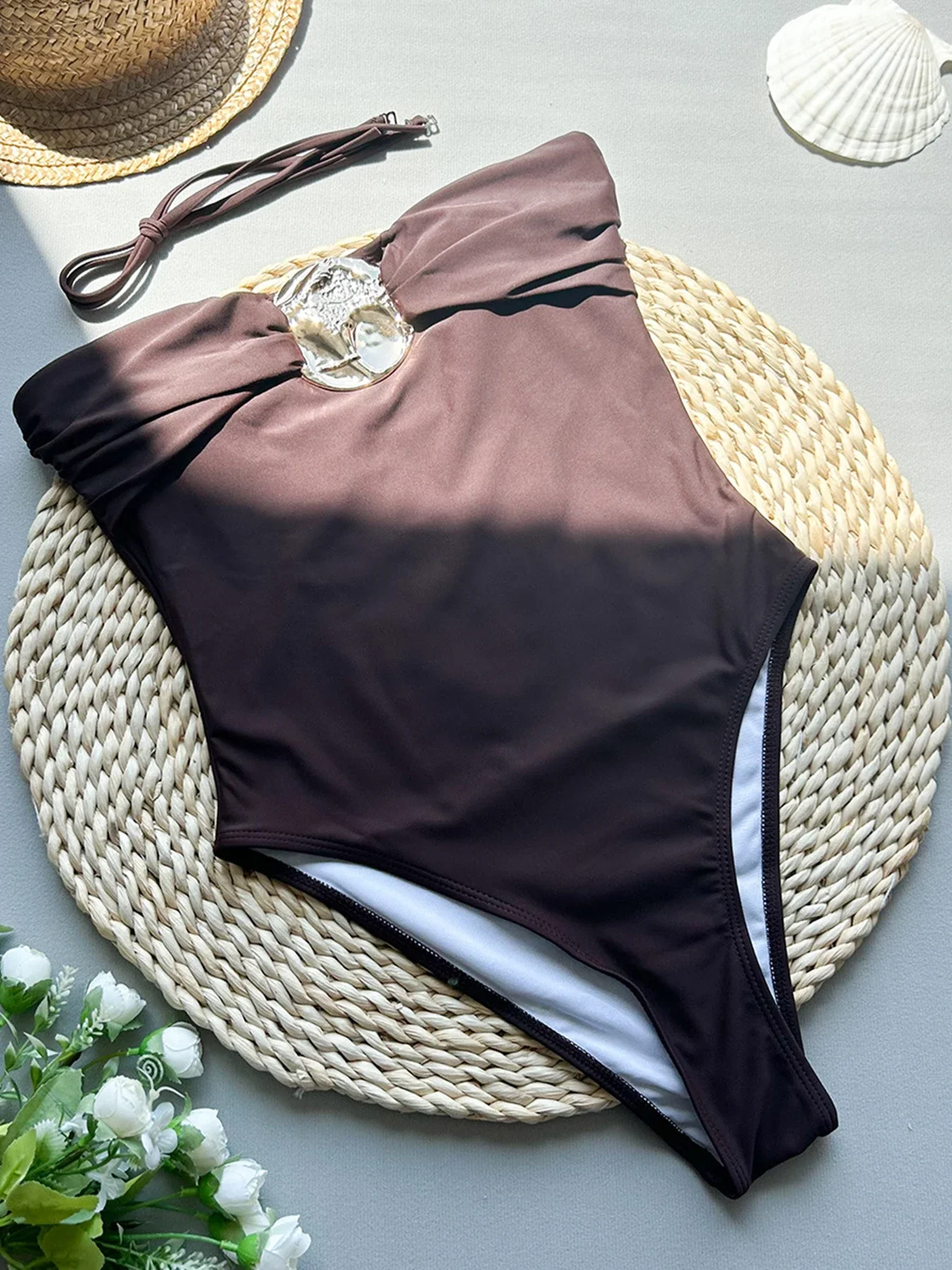 2024 New Sexy Metal Accessories One Piece Swimsuit For Women Bodysuit Swimwear Female Push Up Monokini Solid Bathing Suits Beach