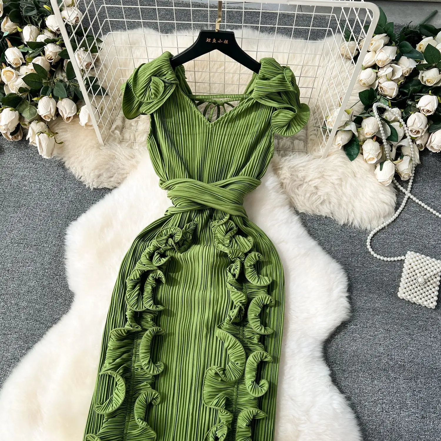 Vrouwen slim fit v-hals jurk elastische geplooide mouwloze ruches hoge taille sexy avondfeest cocktailpakket hippe jurk