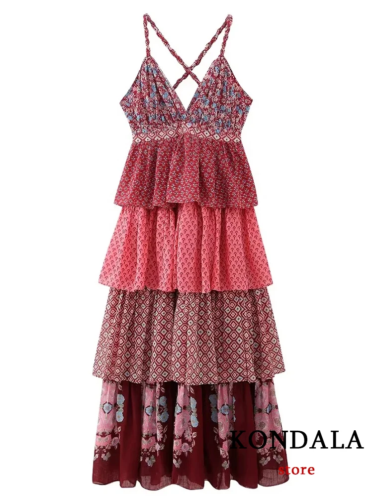 KONDALA  Chic Sexy Print Tierred Strapless Sweet Women Cami Long Dress Fashion 2023 Summer Vintage Bohe Holiday Sexy Vestido