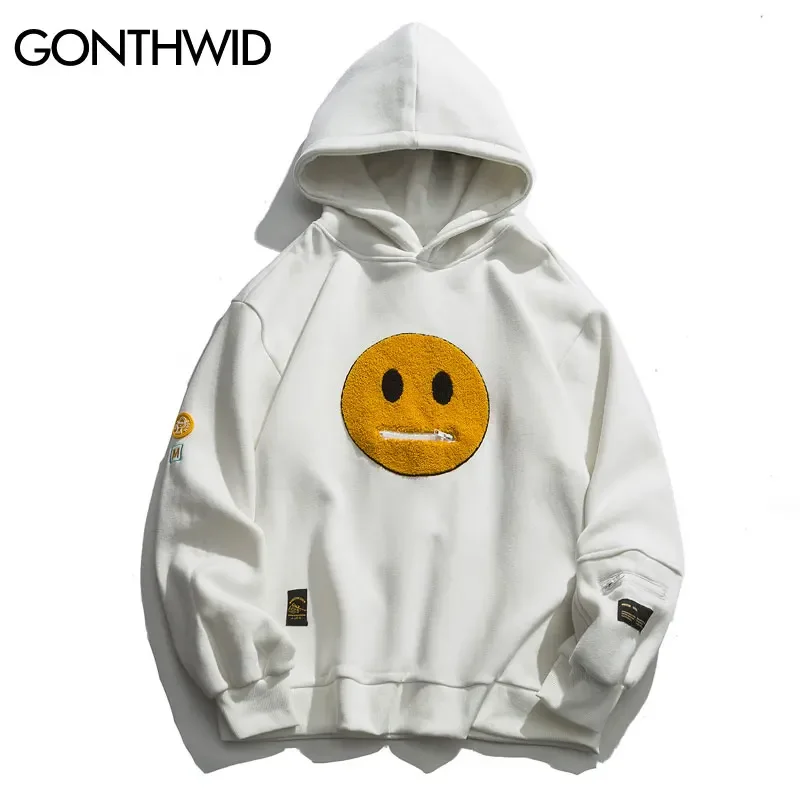 GONTHWID-Sudadera con capucha para hombre, suéter informal con bolsillo y cremallera, cara sonriente, forro polar de retales, ropa de calle de Hip