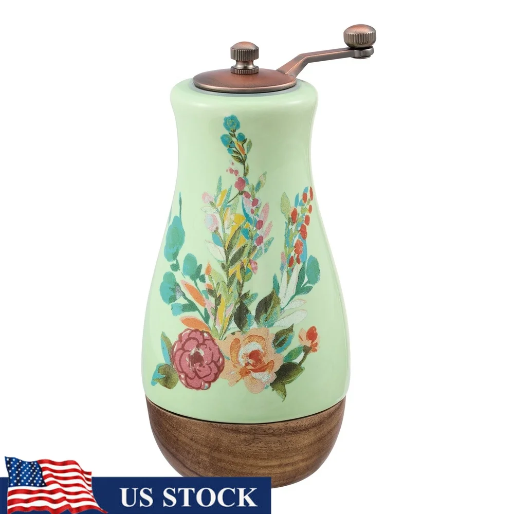 

Ceramic Pepper Mill with Metal Grinder Acacia Wood Base Floral Design Durable Stoneware Kitchen Decor Essential Cooking Tool