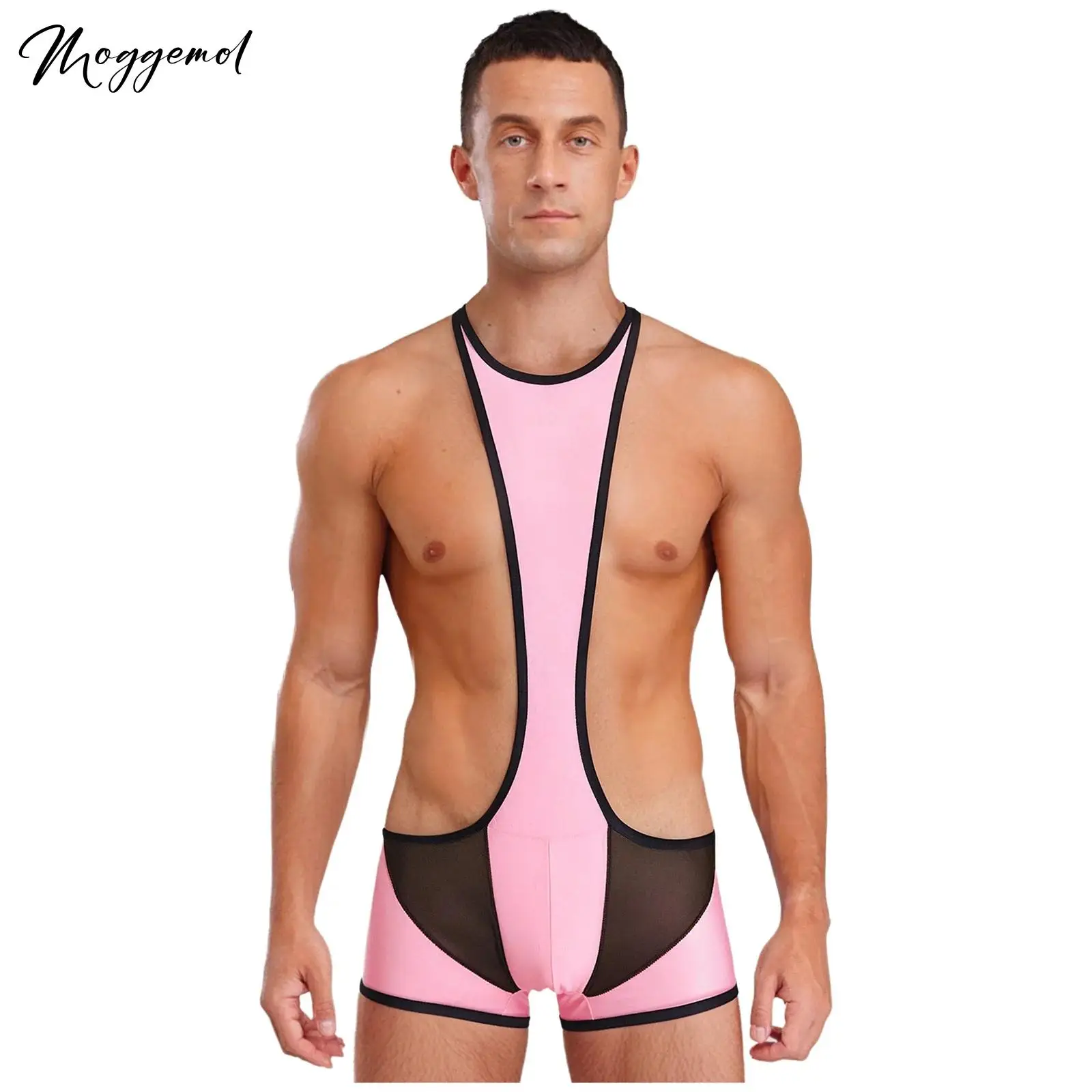 

Mens Wrestling Singlet Bodysuit Mesh Glossy Patchwork Contrast Color Sling Leotard One-piece Lingerie Bathing Suit Workout Wear