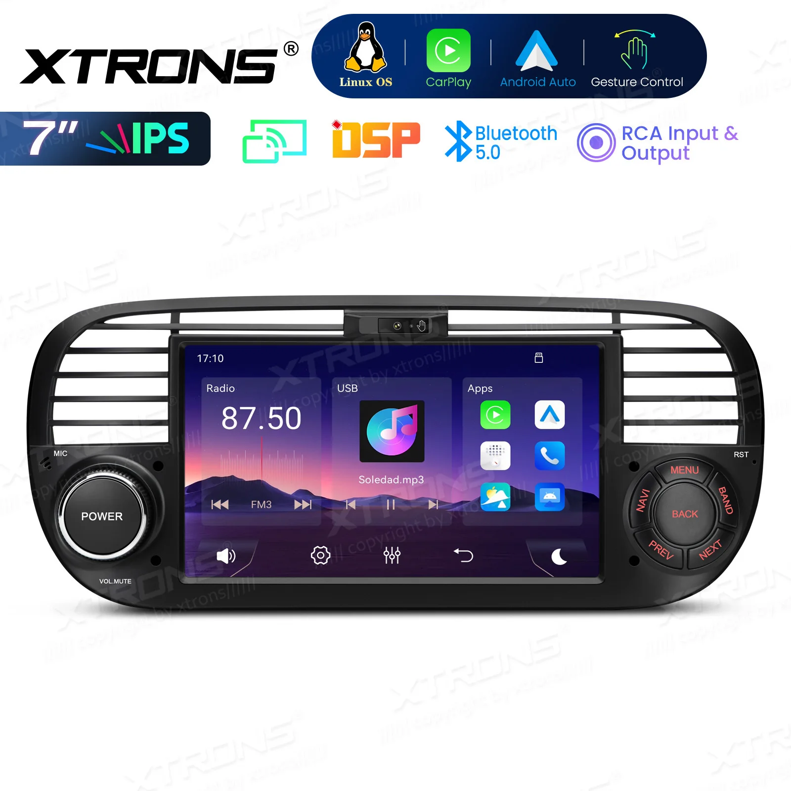 XTRONS 7 inch autoradio voor FIAT 500 2007-2015, met touchscreen, draadloze CarPlay, Android Auto, Bluetooth, GPS, DSP, monitor en Linux.