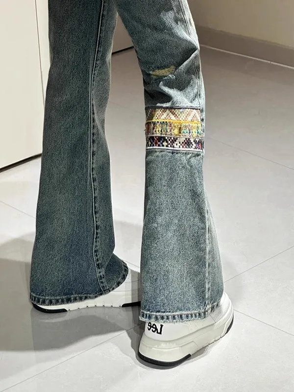 

American High Street Vibe Men's Summer Thin Ethnic Style Jeans Bell Bottoms Embroidered Straight Leg Torn Denim Pants