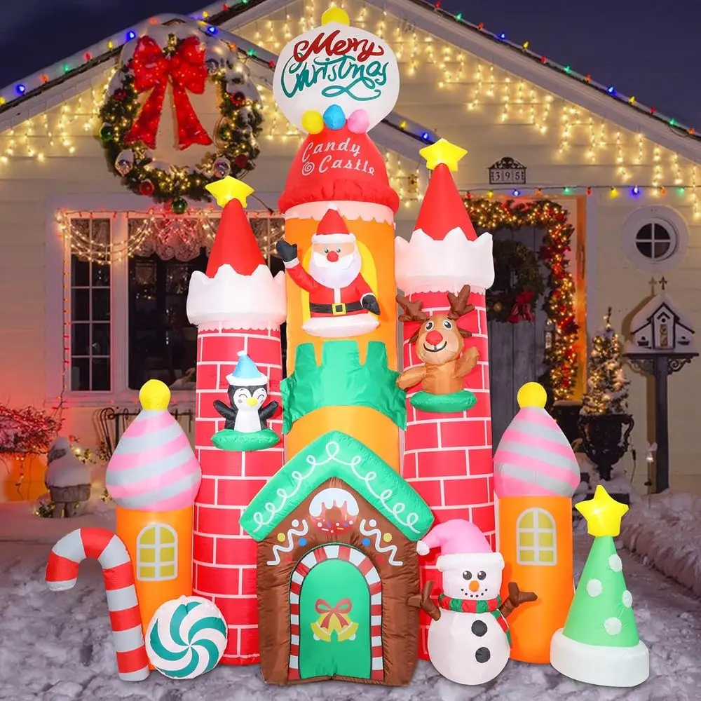 

10T Chrisas Iatables Outdoor Decoration, Candy Castle Chrisas Iatable with S,man,Elk,Penguin and Built-in Led Lights Blow Up Iat