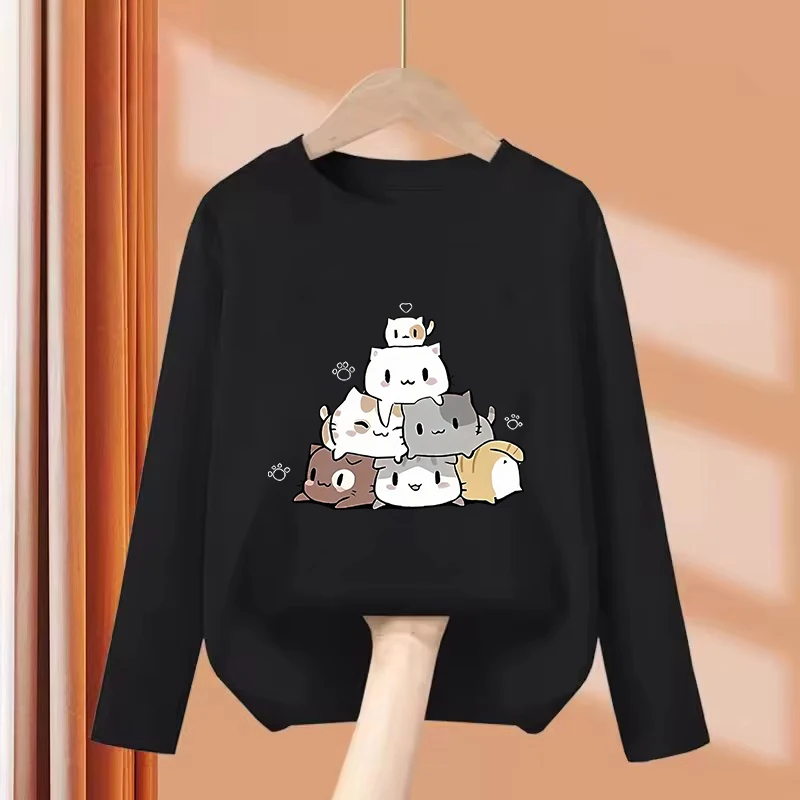 Long Sleeve Kawaii Meme Cat Funny T Shirts Manga Kids Children's T-shirt Boys Girls Summer Spring Casual Top Tee Shirt