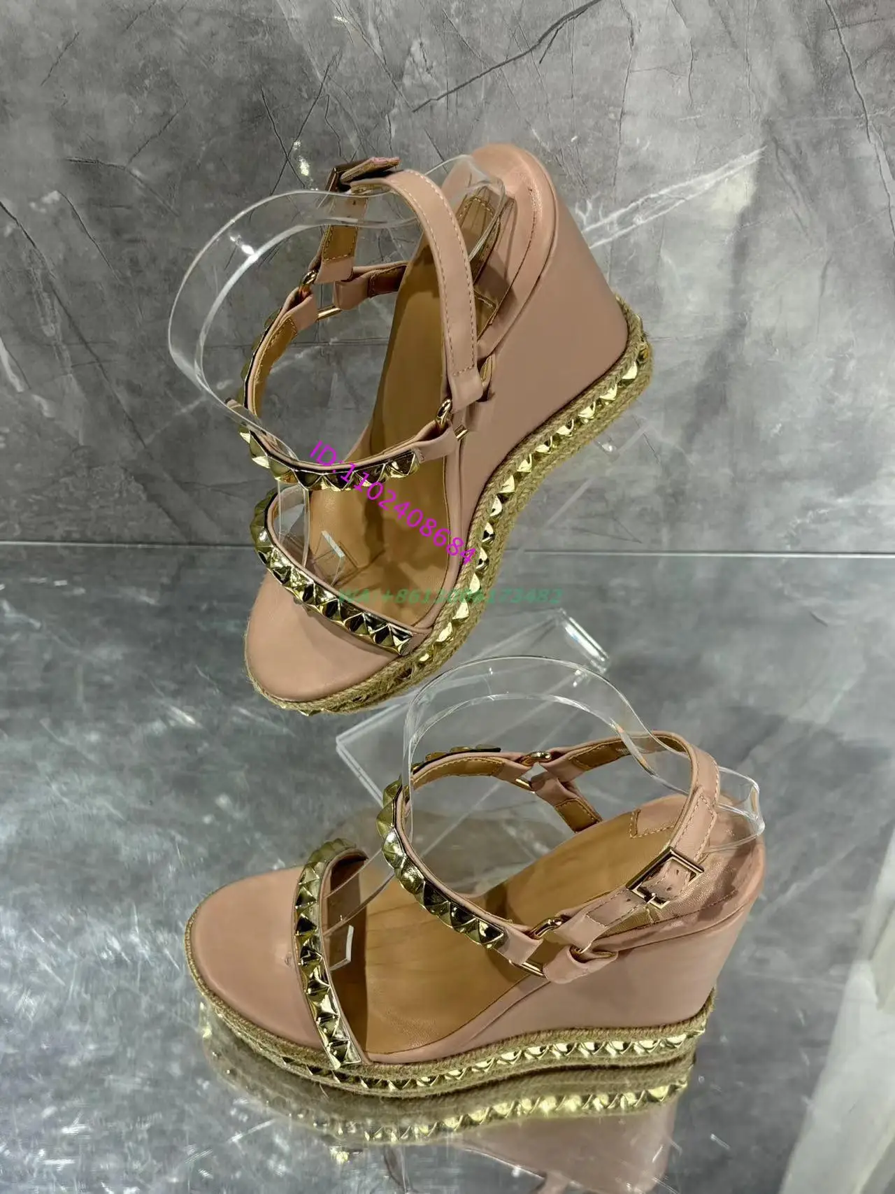 Summer Women Nude Patent Leather Gold Rivets Open Toe High Wedge Sandal Open Toe Slingback Buckle Strap Platform Wegde Sandal 42