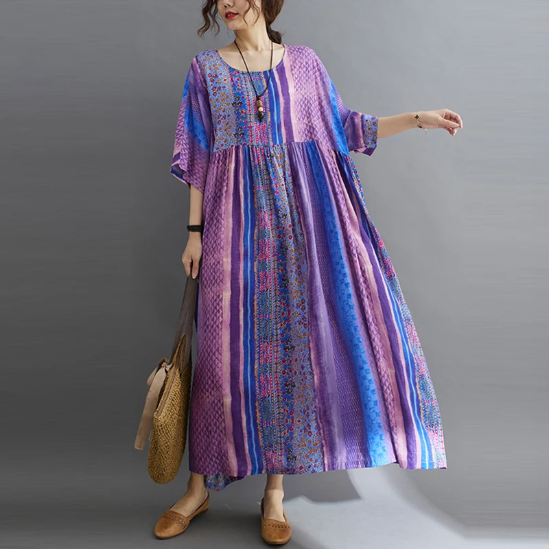 Plus Size Baumwolle Leinen Dr mit Farbe Blo Stripes A-Linie Rock rund Ne Five Sve Damen Faion Summer Dr