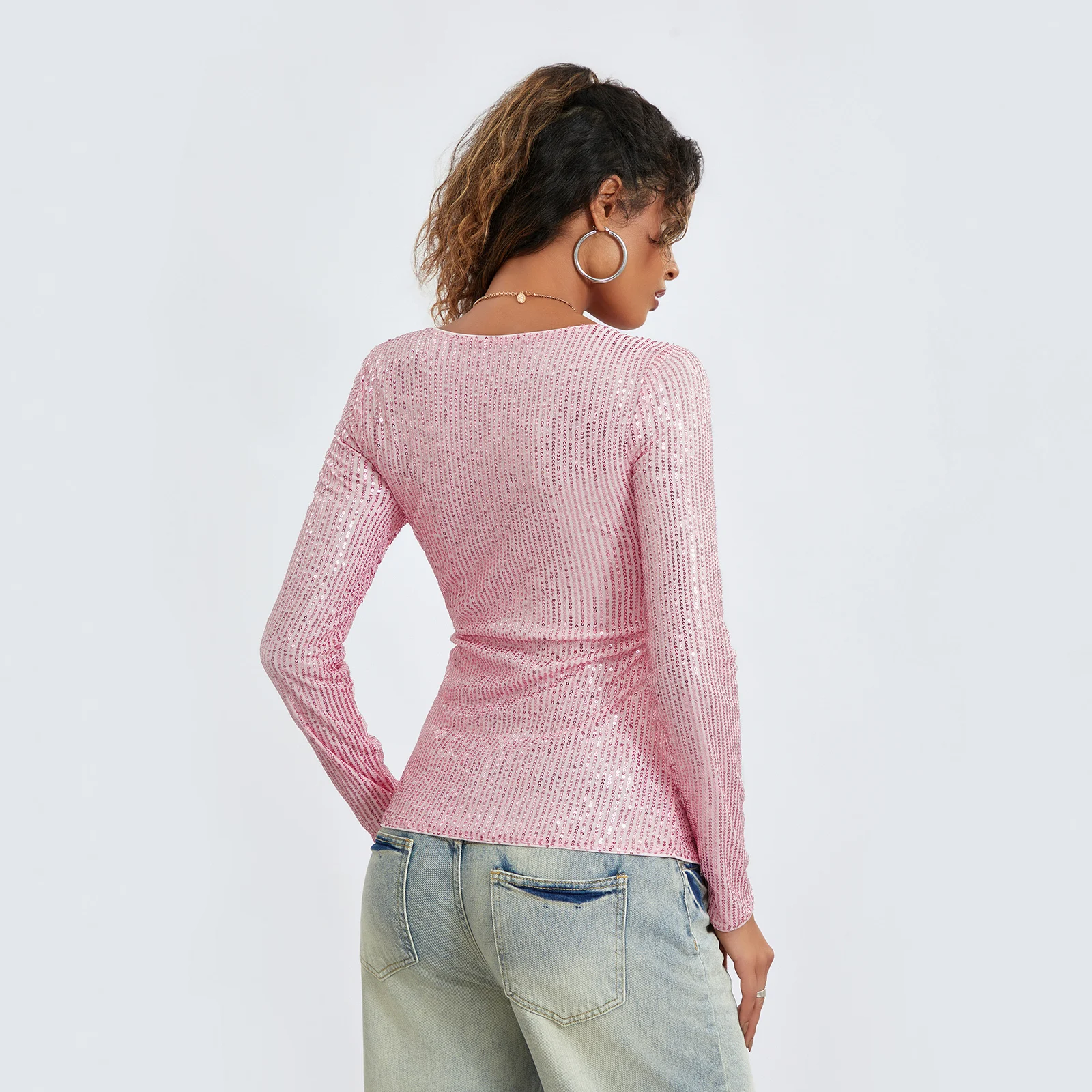 Women\'s Sequins Long Sleeve Tops Y2k Slim Round Neck T-Shirts Streetwear Aesthetic Clothes Bottoming Shirt for Fall
