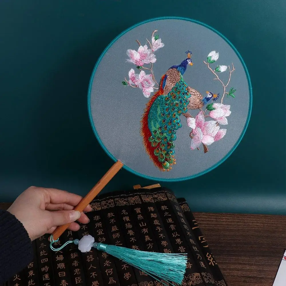 Ancient Classical Floral Pattern Embroidery Fan with Pendant Vintage Hand Fan Women Photography Prop Chinese Wedding Decoration