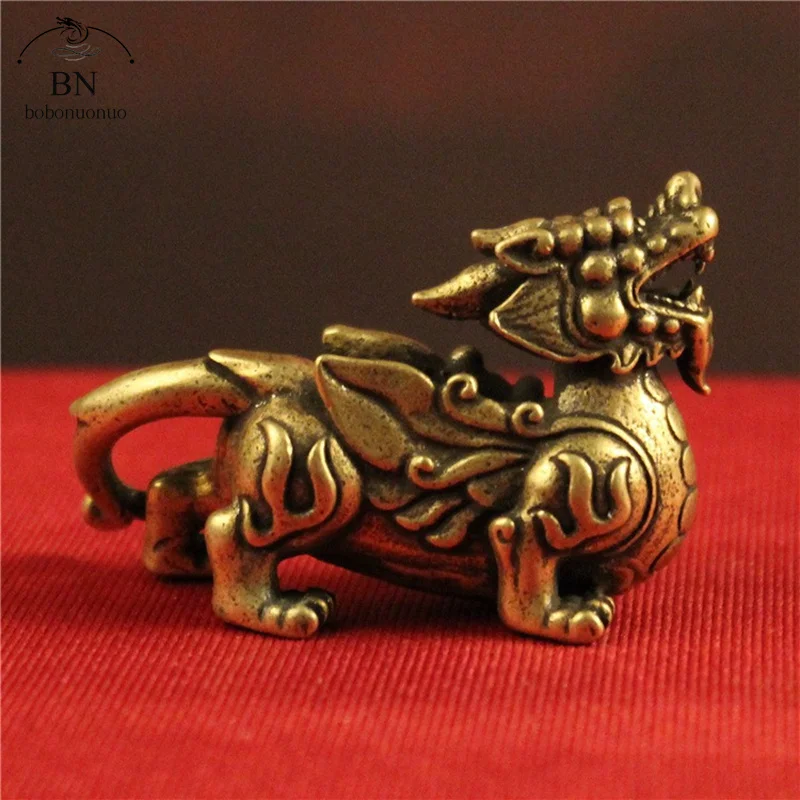 Antique Copper Chinese Mythical Beast Pixiu Brass Feng Shui Animal Statue Tea Pet Home Decor for Living Room Desk Decorations