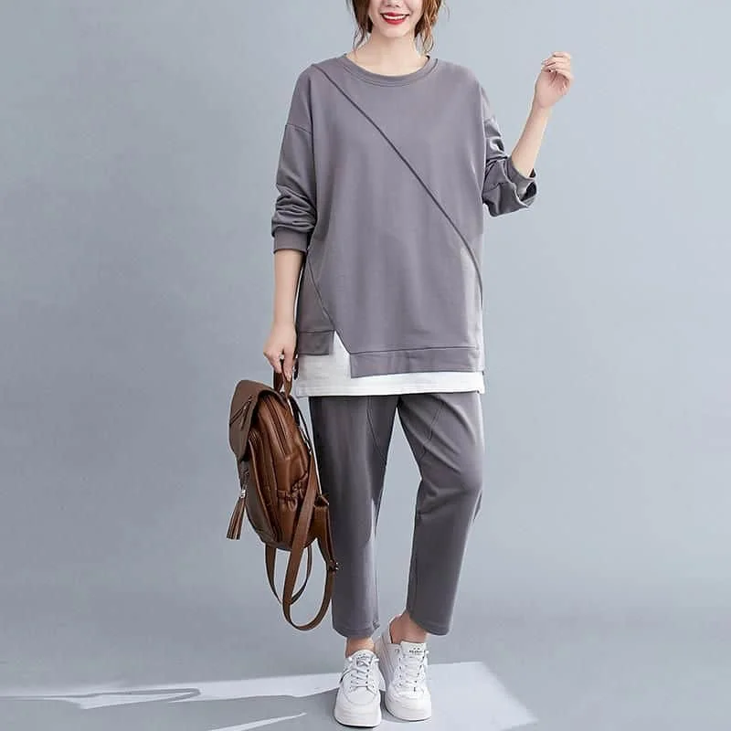 Pants Set Casual Oversized Long Sleeve T-shirts Elastic Waist Harem Pants Patchwork Korean Style Two Piece Sets Women Outfits