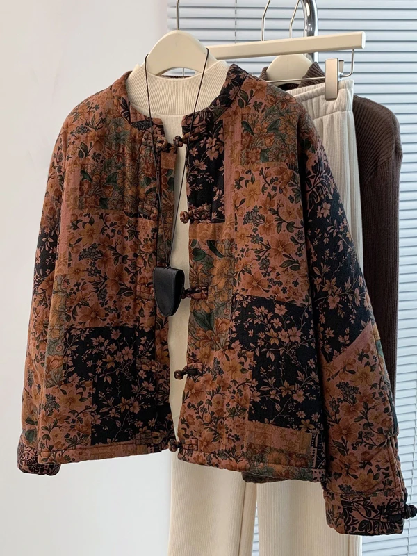 

New Chinese Sle Floral Cotton Jaet Women's Winter Thi Warm Retro Zen Modified Tang Costume Cotton Coat Loose Fit Long S...