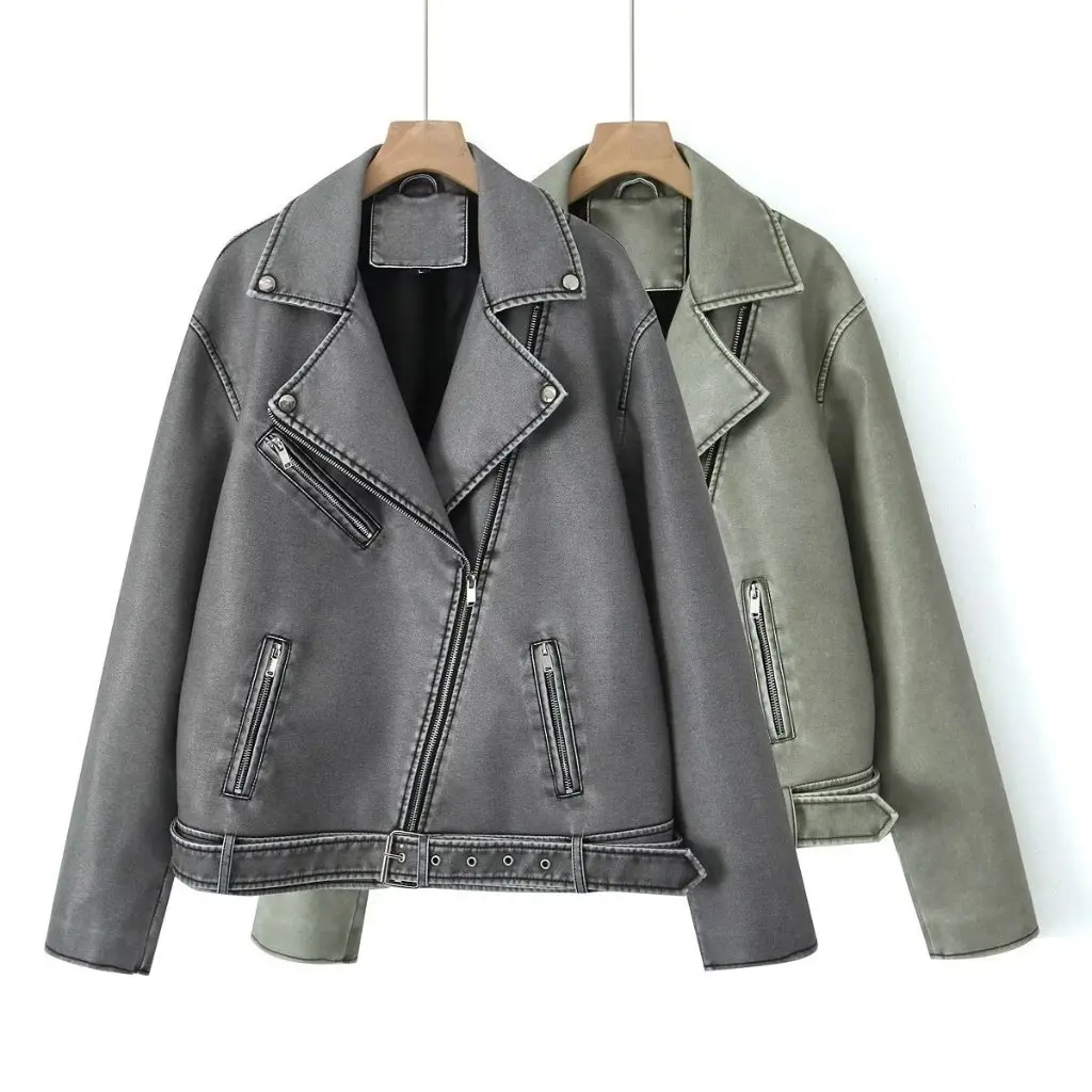 

Women's Autumn Wear PU Leather Motorcycle Jacket Coat Fashion Old Style European And American Wholesale