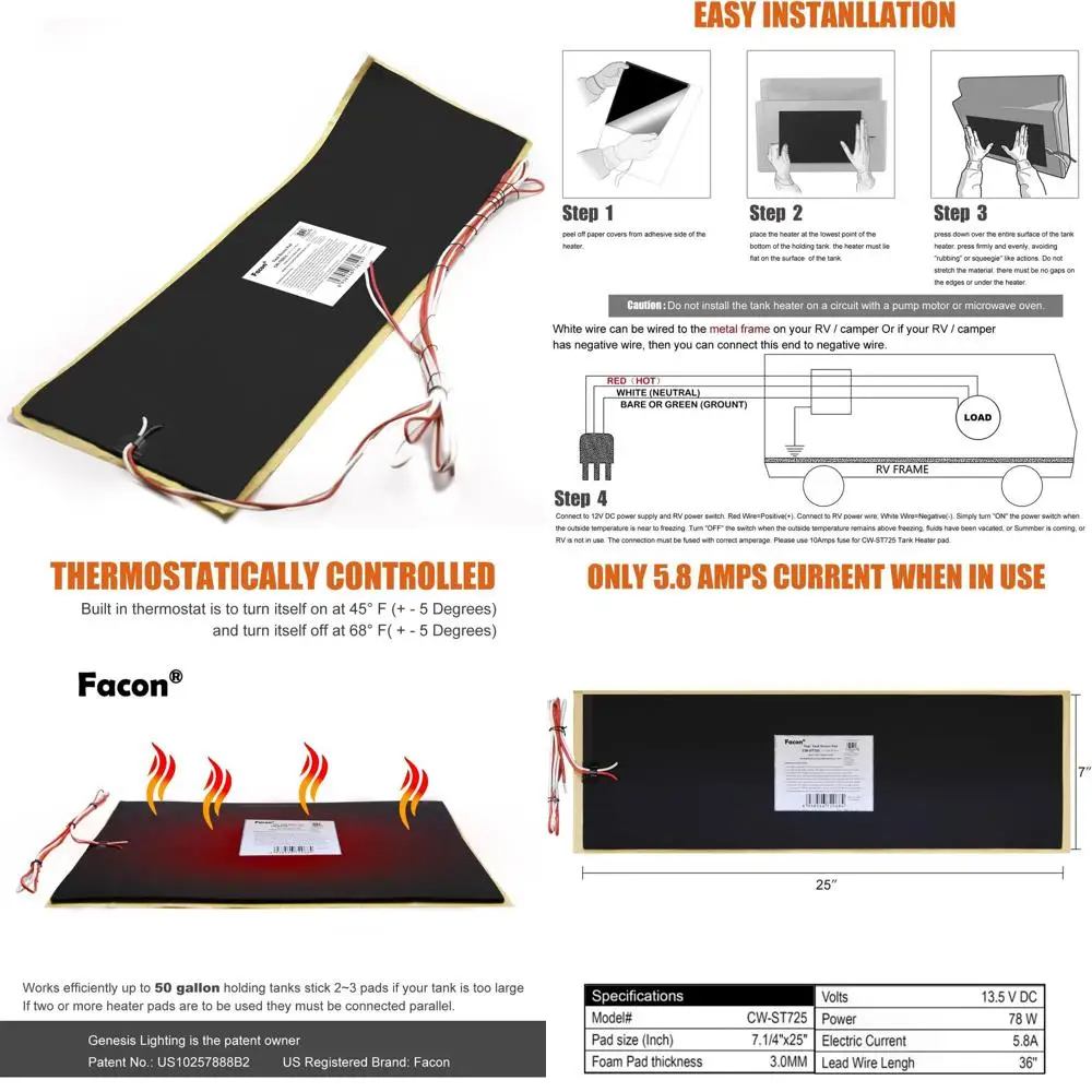 

7-1/4" x 25" 12V RV Tank Heater Pad with Automatic Thermostat, 2Packs, QAI Certified, Prevents Freezing for Fresh, Grey, Black W