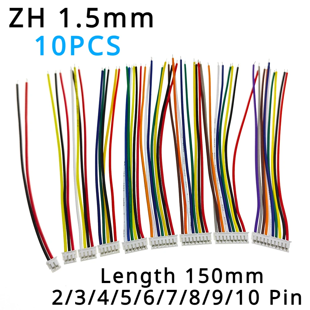 

10Pcs Length 150mm Mini Micro ZH 1.5mm 2/3/4/5/6/7/8/9/10 Pin JST Connector Single Plug With Wires Cables 28AWG