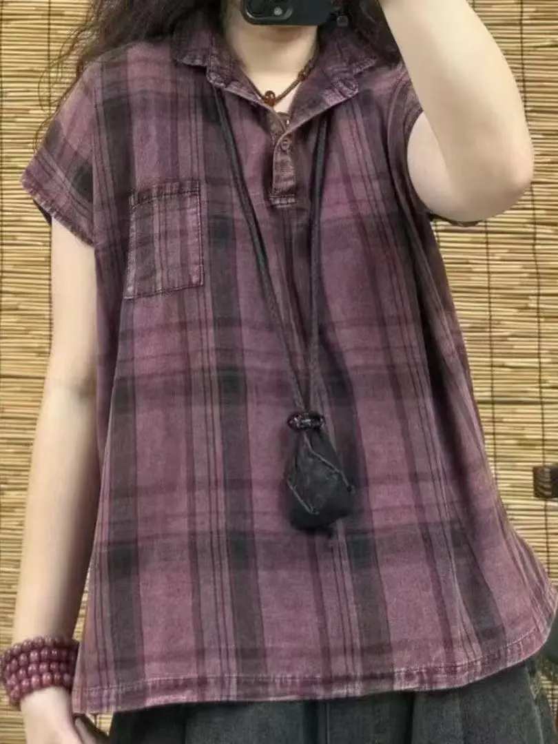 Retro Kontrastowa Krata Bawełna Len Koszula Damska Letnia Casual Luźna Dopasowana Cienka Bawełniana Koszula z Kołnierzykiem