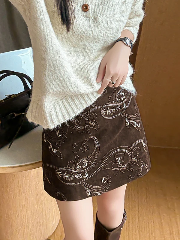 Leather Velvet Short Skirt Women's Embroidered Suede A-Line High Waist Anti-Light Short Pants Half Skirt Ladies' Fashion