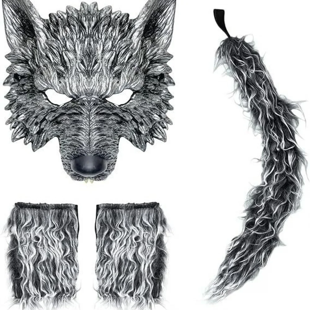 4 個の狼男コスチューム ハロウィン オオカミ マスク 手袋と尻尾セット、リアルなオオカミ コスチューム コスプレ アクセサリー キット