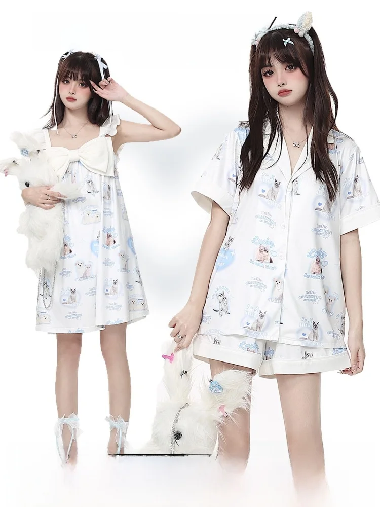 CRAZYGIRL Original Spring Summer Skin-friendly Comfortable Sleepwear Set Sweet Cute Style Short Sleeve V-neck Home Clothes