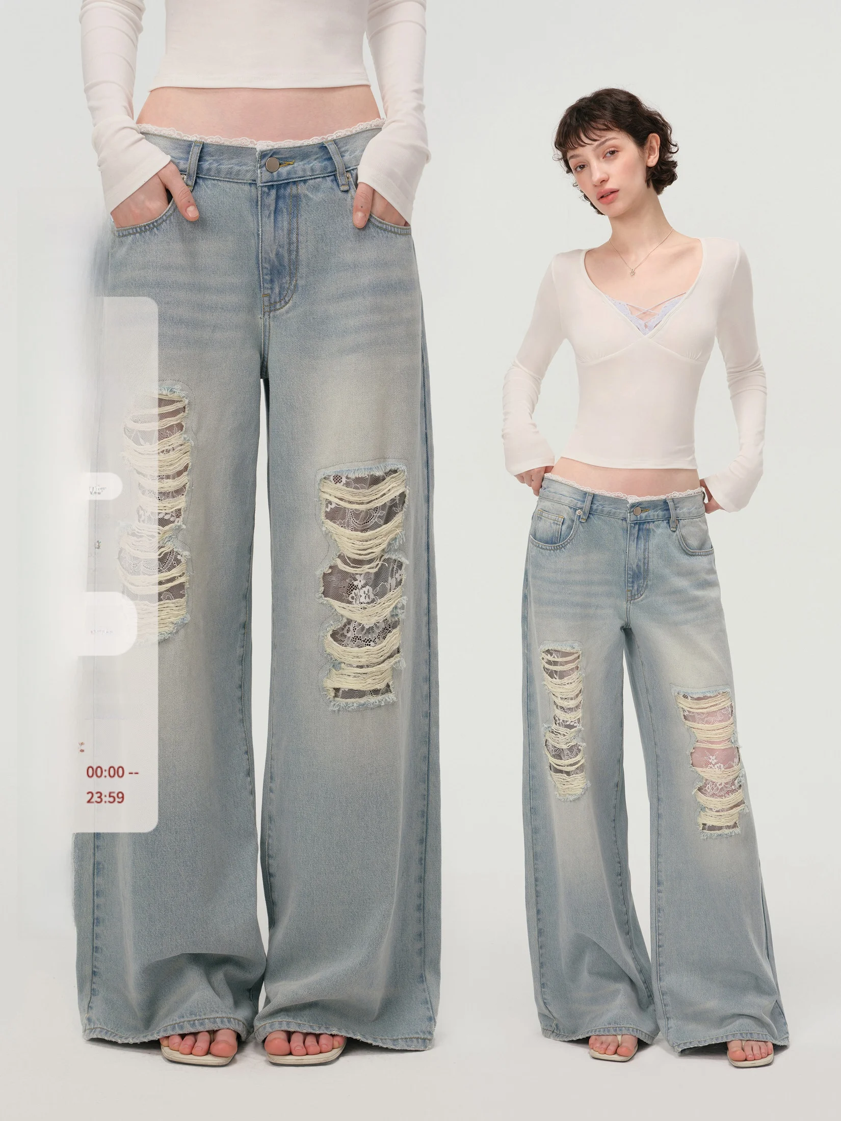 

Джинсы M Studio Spicy Girl Design свободного кроя с широкими штанинами, с кружевными вставками, из потертого денима, прямого кроя, весенние, женские, хлопковые