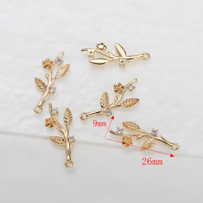 14K Gold-Plated Long Branch Flower Bud Pendant Inlaid Zircon 9*26mm DIY Jewelry Charms