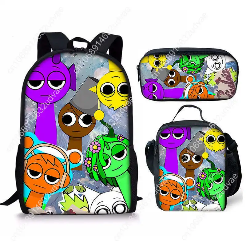 3 Piece Sprunki Backpack Lunch Bag For Students Incredibox Backpack Pencial Bags Hight Capacity Bookbags Sprunki Wenda Mochila