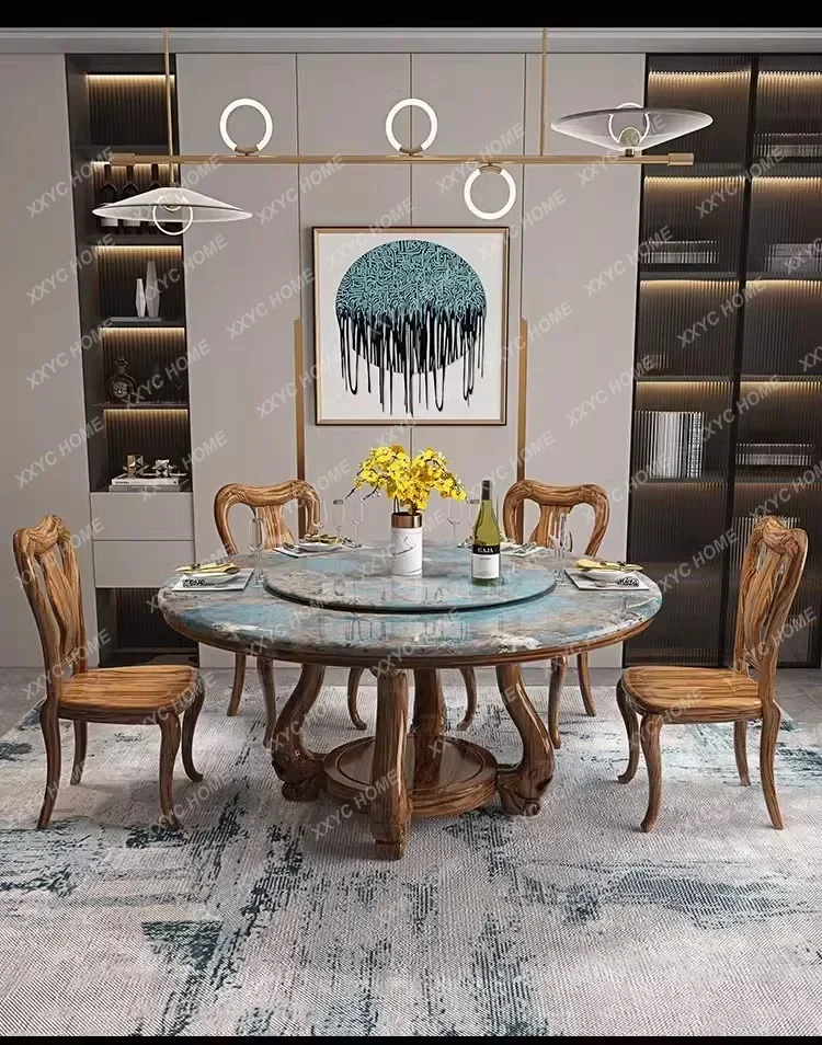 solid wood dining table and chair combination with turntable for 8 people, simple and modern