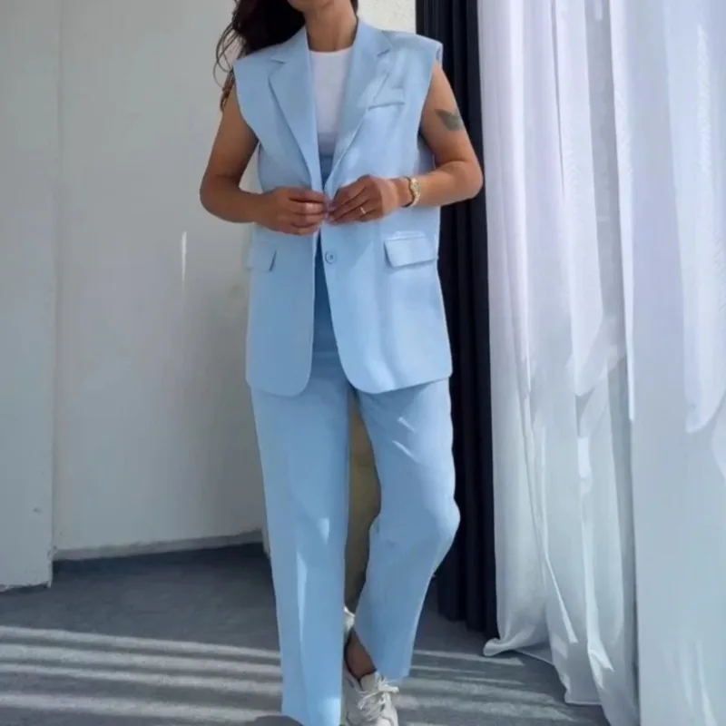 Loose Women's Fashion Spring Summer Polyester Fabric Casual Ensemble Pure Color Elegant Sleeveless Two-Piece Suit Set
