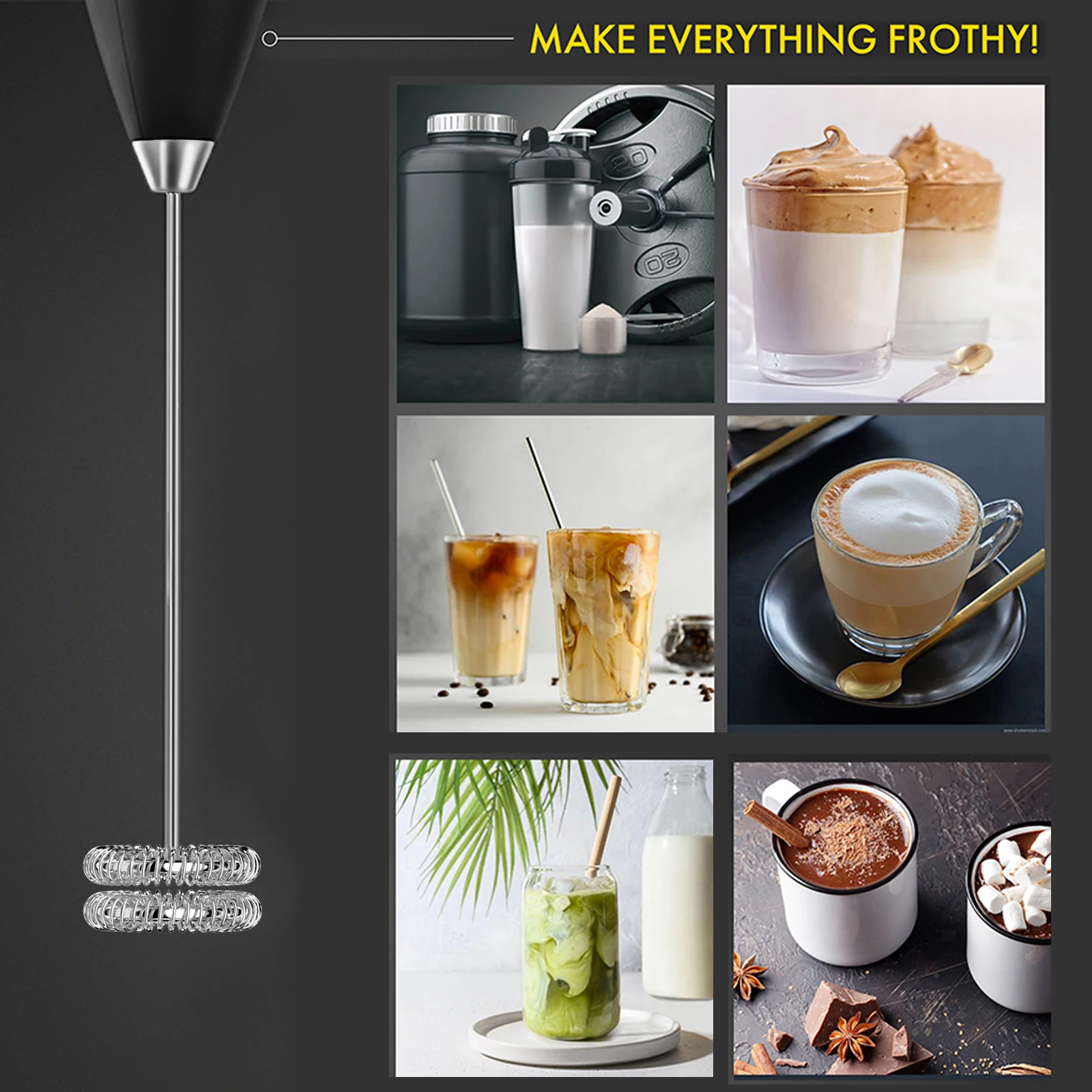 رغوة الحليب الكهربائية المحمولة مع خفاقة من الفولاذ المقاوم للصدأ قابلة للفصل مناسبة لخلط قهوة الحليب والمشروبات المختلفة