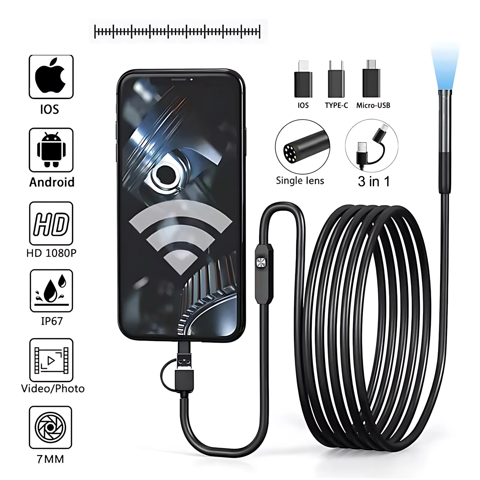 2026 7mm Endoscope Camera 1080P HD USB Endoscope With 6 LED 1/2/5/10M Flexible Cable Waterproof Inspection Borescope For Android