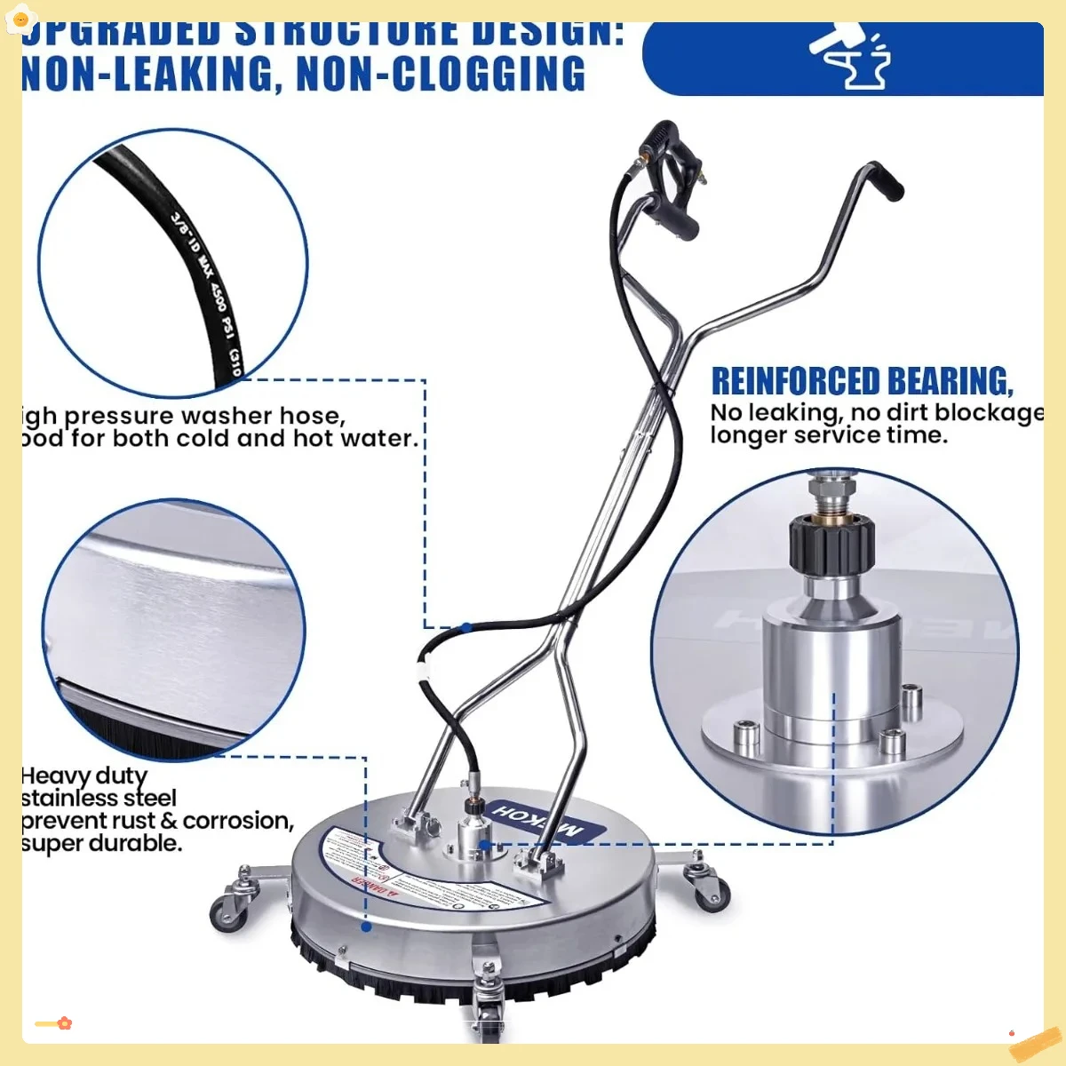 Accesorio limpiador de superficies para lavadora a presión con ruedas, accesorio de lavadora eléctrica de acero inoxidable para limpieza de terraza, patio y acera