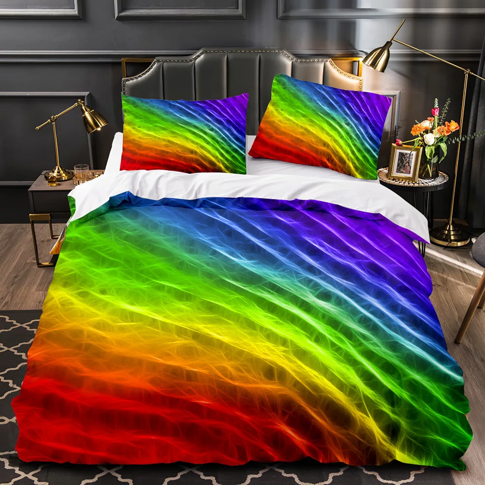 Girls Rainbow Wave Duvet Cover, Adults Trippy Iridescent Curved Fluid Tie Dye Pattern Abstract Art Bedding Set Queen Full Size