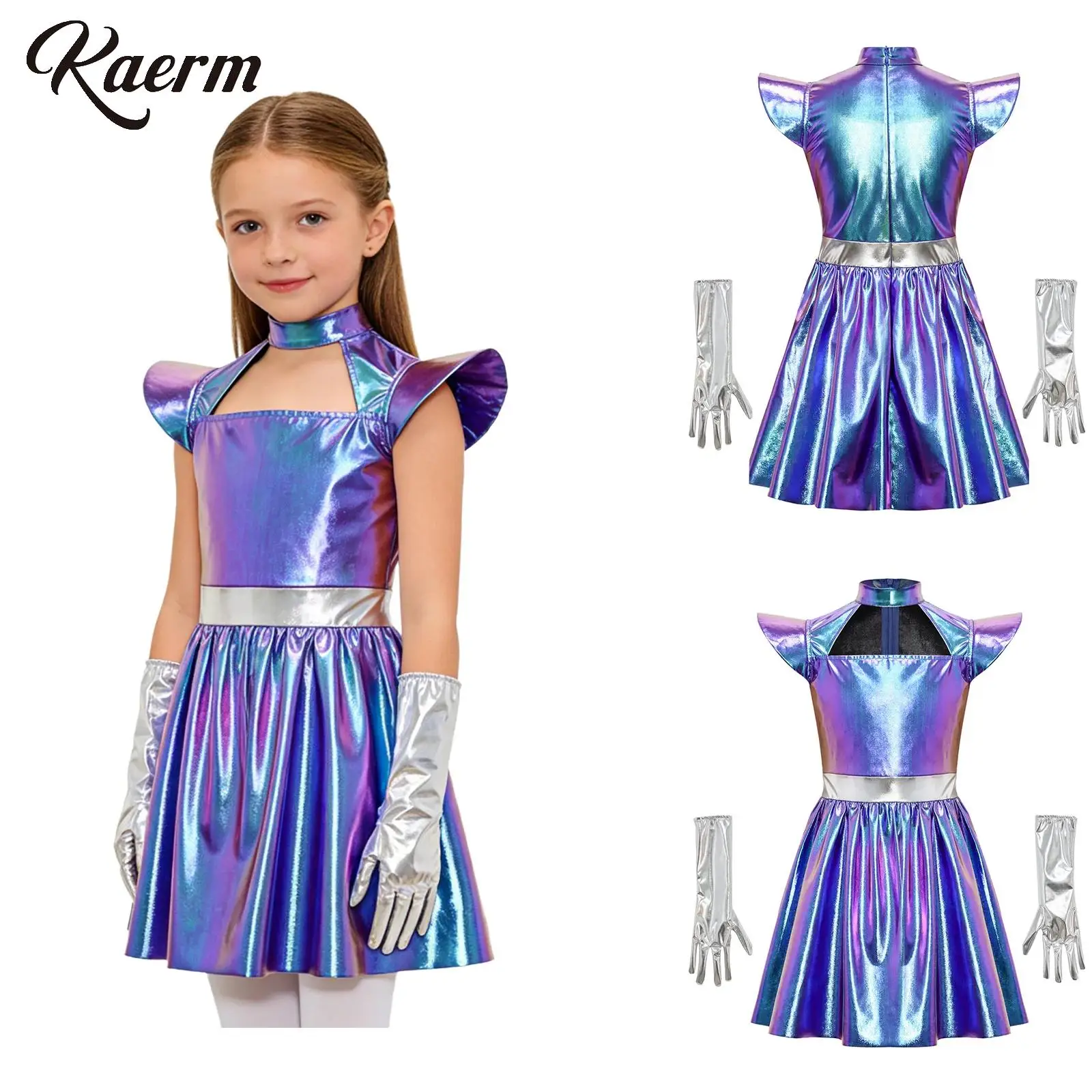 

Girls Halloween Alien Outerspace Robot Cosplay Costume Metallic Flying Sleeve A Line Tutu Dress with Gloves Carnivals Dress Up