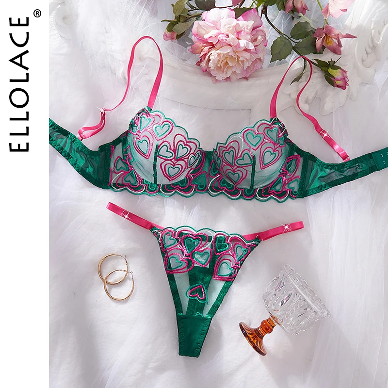 

Ellolace Christmas Lingerie Sexy Women Romantic Heart Embroidery Bra Hilitos 2PC Set Cottagecore See Through Contrast Color Kit