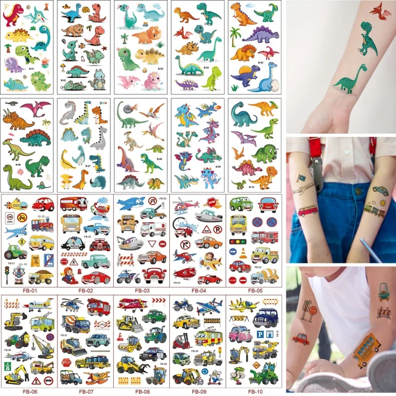 20pcs Dinosaur Traffic Car Temporary Tattoos for Kids Children Cartoon Plane Bus Fake Tatoos Hand Face Body Pegatinas Infantiles