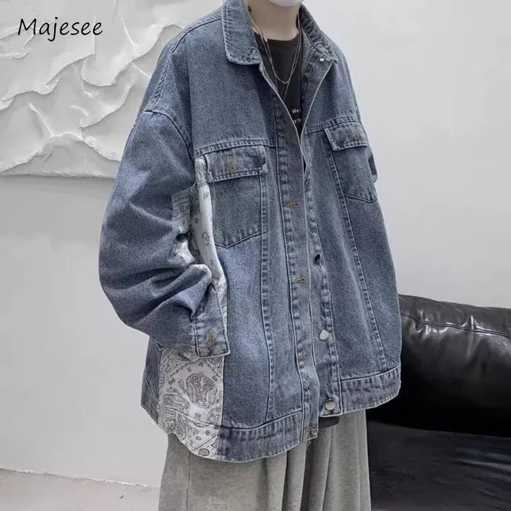 

Men Loose Jackets Spliced American Style High Street Handsome Teenagers Denim New Creativity Spring Autumn Versatile Cozy Casual