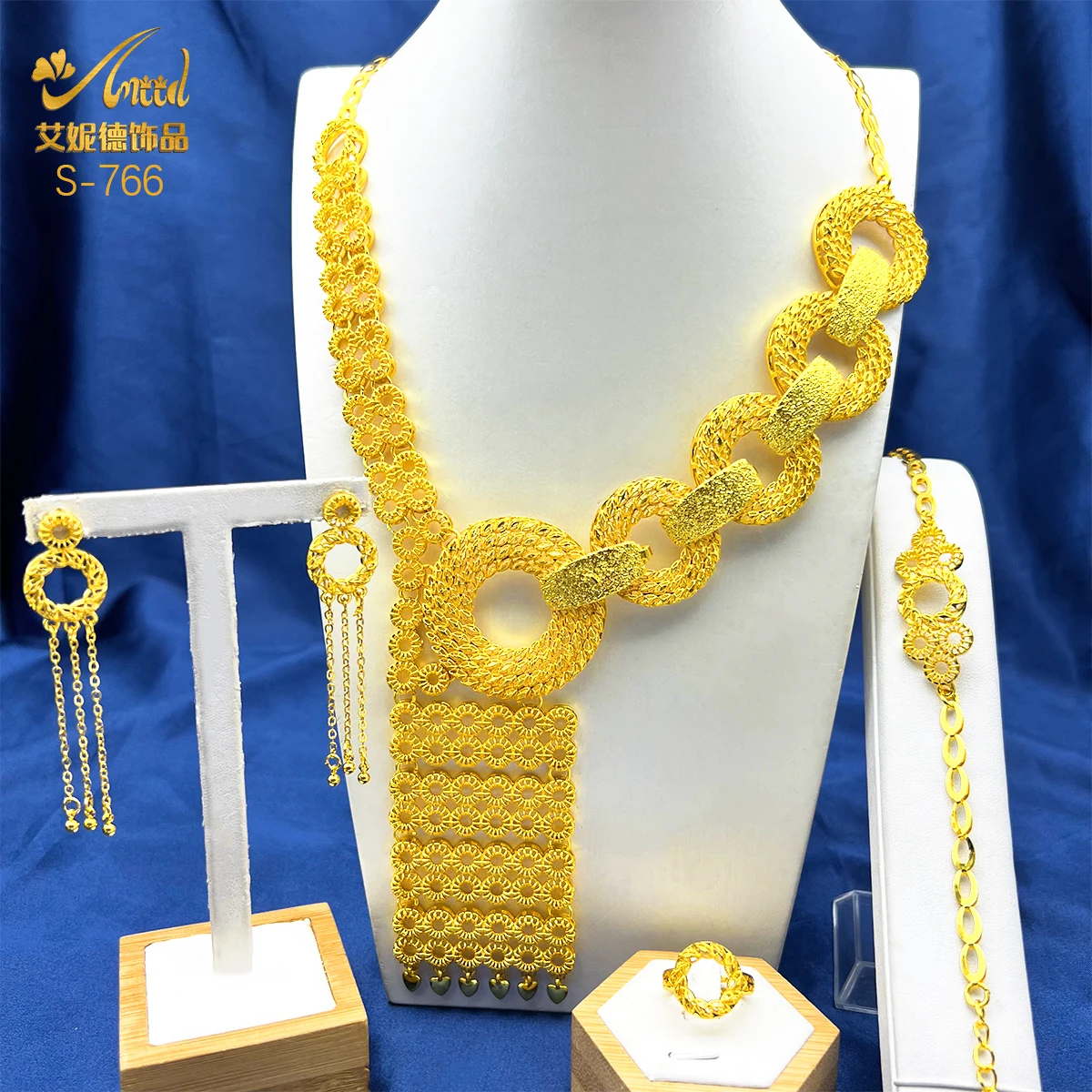 Indian 24K Gold Color Long Necklace Jewelry Set For Women Bridal Dubai Nigerian Choker Necklace Bracelet Earring Ring Sets Gifts