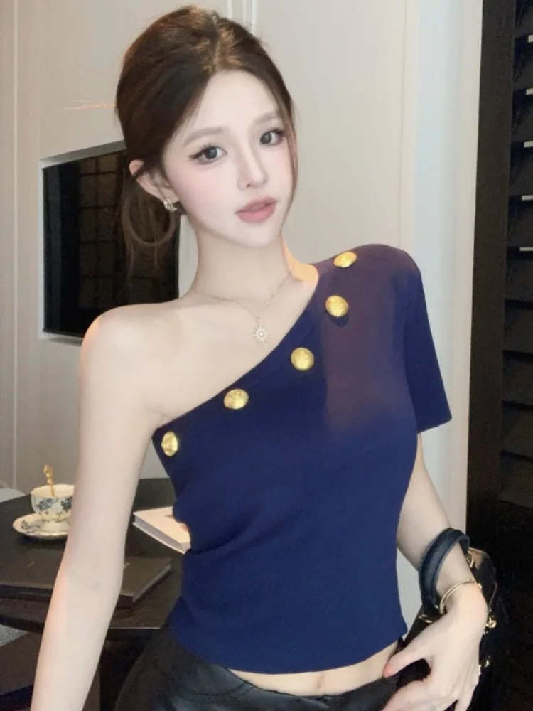 

Slim Fit Knitted Shoulder Bared Vest Women Summer Breathable Short Thin Design Sensation Chic City Walk Linen Feel Base Shirt