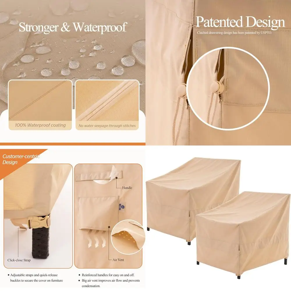 Waterproof Outdoor Patio Chair Covers, Heavy Duty, Beige, 2-Pack, 43x42x42