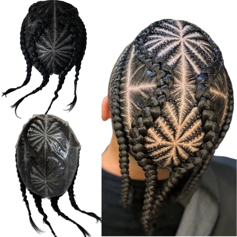 أنظمة الشعر البشري الهندي العذراء 1 #   Jet Black Color 10A Grade Cornrow Braids BIO Toupee 8x10 وحدة الدانتيل الأمامي للرجال السود