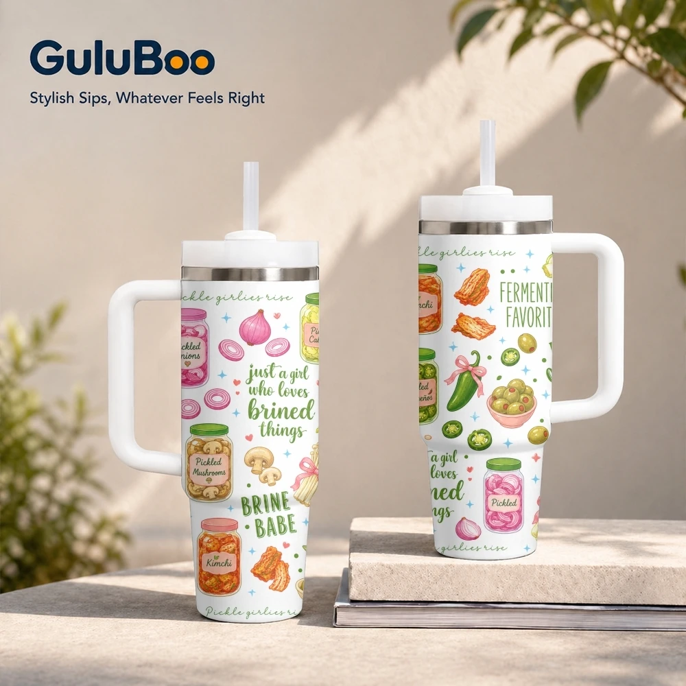 Deliciosas verduras en conserva, pepinos en conserva, termos de 40 oz, vaso grande de acero inoxidable con asa y pajita.