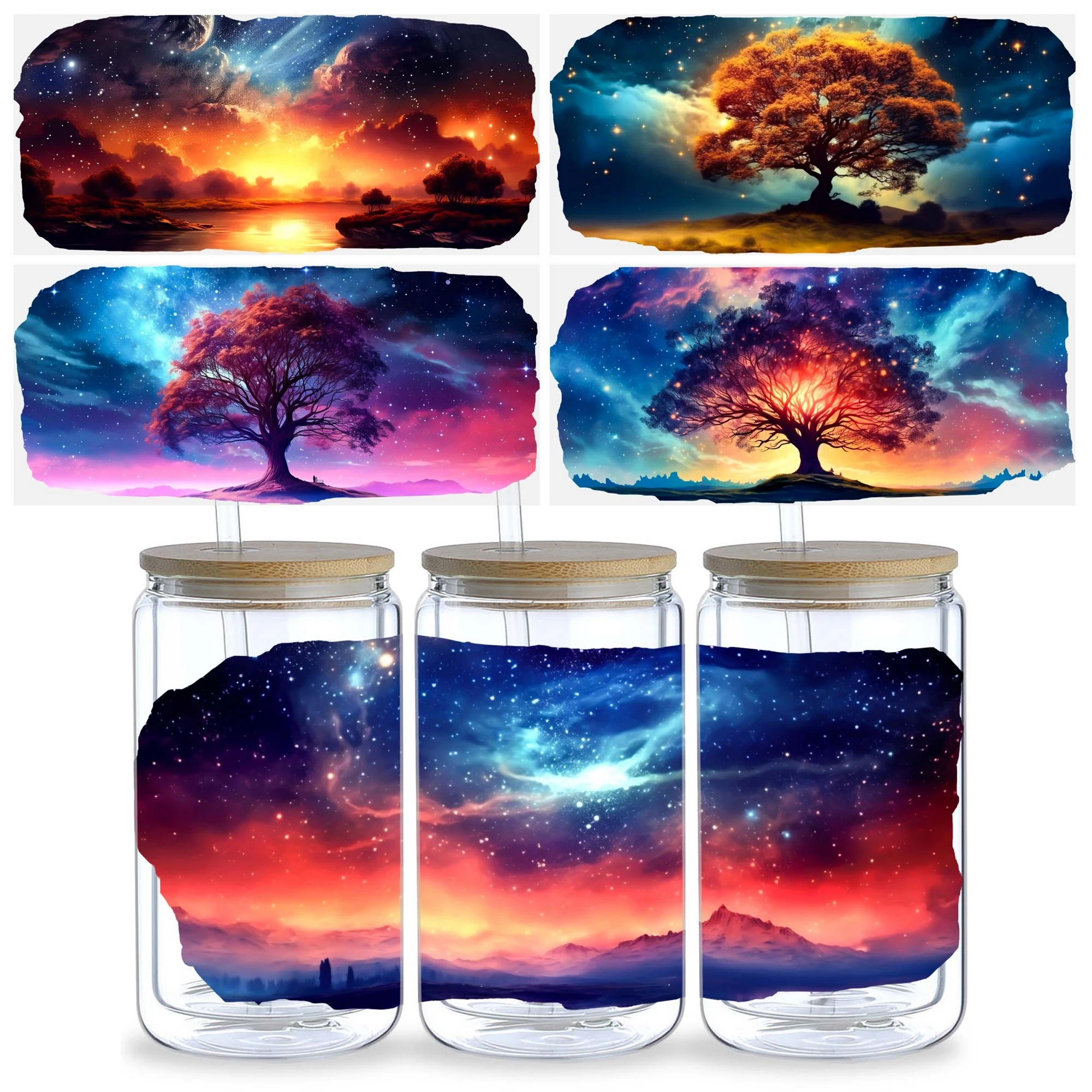 5 sheet supernatural starry sky UV DTF glass cup transfer stickers,  wipeable transfer stickers, suitable for 16 oz glass